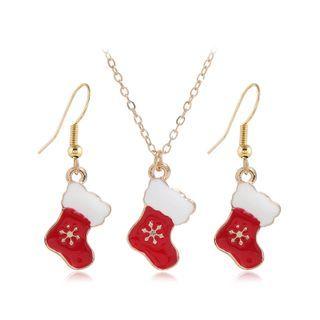 Set: Christmas Stocking Glaze Pendant Alloy Necklace + Dangle Earring Set - Red - One Size