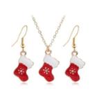 Set: Christmas Stocking Glaze Pendant Alloy Necklace + Dangle Earring Set - Red - One Size