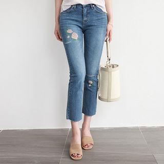 Rose-embroidered Semi Boot-cut Jeans