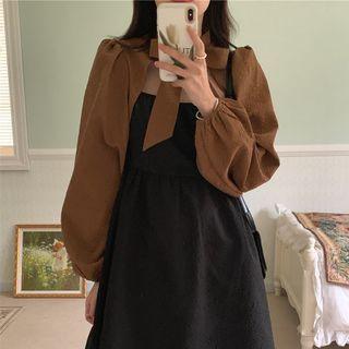 Mock Two-piece Bow Mini A-line Dress Brown & Black - One Size