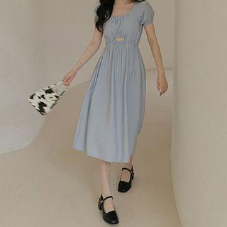 Keyhole Short-sleeve Plain Midi Dress