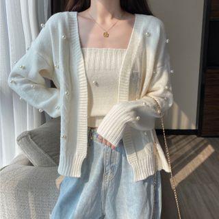 Set: Faux Pearl Accent Knit Camisole Top + Cardigan