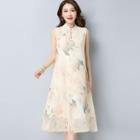 Floral Print Sleeveless Mandarin Collar Midi Dress