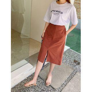 Plus Size Slit-front Linen Blend Skirt