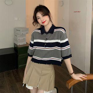 Short-sleeve Striped Polo Shirt Black & Gray - One Size