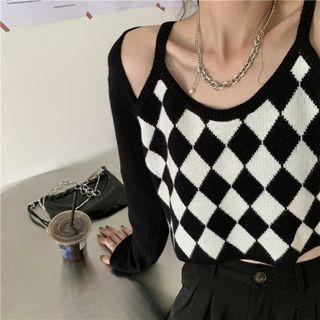 Mock Two-piece Cold-shoulder Argyle Knit Crop Top