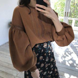 Puff-sleeve Crochet Lace Panel Sweatshirt