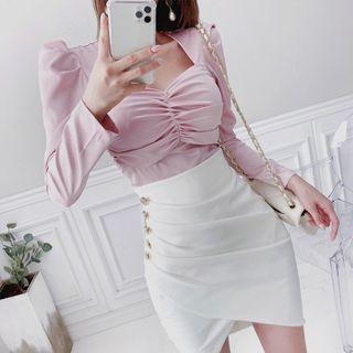 Puff-sleeve Shirred-front Blouse