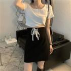 Short-sleeve Plain Cropped Knit Top / High-waist Lace Up Skirt