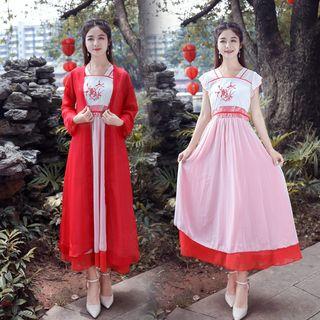 Set: Traditional Chinese Sleeveless Embroidered A-line Maxi Dress + Light Jacket