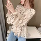 Dotted Shirred Long-sleeve Blouse