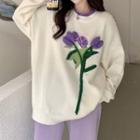 Round-neck Color Panel Flower Embroidered Long-sleeve Sweater