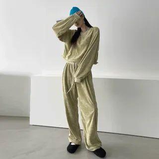 Drawstring-hem Velvet Top & Sweatpants Set