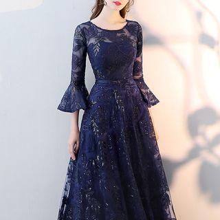 Sequined Flared-sleeve A-line Evening Gown