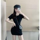 Short-sleeve Knotted Cutout Mini Sheath Dress