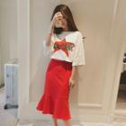 Set: Elbow-sleeve Print T-shirt + Mermaid Midi Skirt