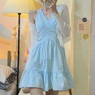 Halter Plain Dress / Long Sleeve Plain Knit Cardigan
