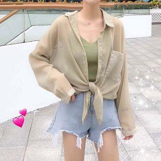Long-sleeve Sheer Top / Cropped Camisole / Denim Shorts