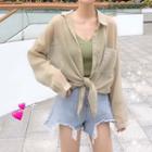 Long-sleeve Sheer Top / Cropped Camisole / Denim Shorts