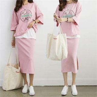 Set: Printed Elbow-sleeve T-shirt + Midi Skirt