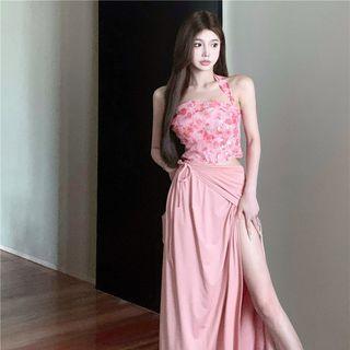 Halter Floral Crop Top / Midi Wrap Skirt