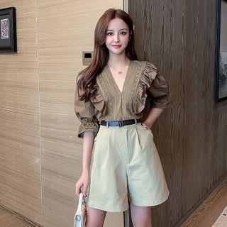 Puff-sleeve Ruffle Trim Perforated Blouse