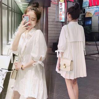 Pleated Hem 3/4-sleeve Shirt Dress