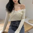 Flower-accent Off Shoulder Knit Top Off-white - One Size