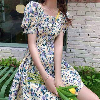 Puff Sleeve Square Neck Floral Mini A-line Dress
