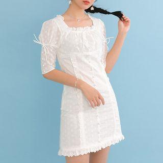 Eyelet-lace Frill-hem Short-sleeve Dress
