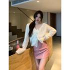 Cable Knit Cardigan / Faux Leather Mini A-line Skirt