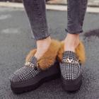 Square Toe Furry Trim Houndstooth Platform Shoes