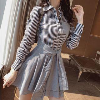 Tie-waist Striped Panel Long-sleeve Dress