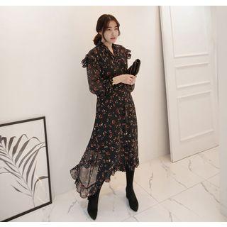 Tie-neck Frill-trim Floral Long Dress