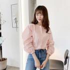 Shirred Open-placket Cotton Blouse Pink - One Size