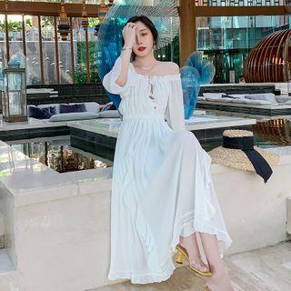Off-shoulder Plain Ruffle Trim Midi A-line Dress