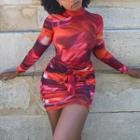 Mock Neck Pattern Print Ruched Mini Bodycon Dress
