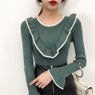 Piped Frill Trim Long-sleeve Knit Top