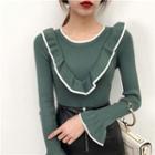 Piped Frill Trim Long-sleeve Knit Top