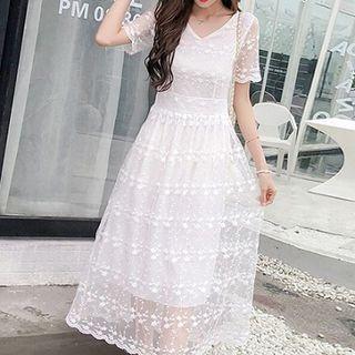 Embroidered V-neck Short-sleeve Lace Dress