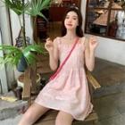Spaghetti Strap Bow Embroidered Mini Smock Dress