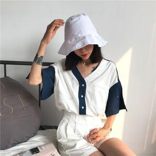 Color Block V-neck Elbow-sleeve Blouse