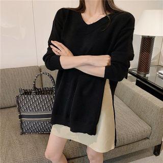 Long-sleeve Asymmetric Tie-waist Plain Knit Top / Long-sleeve Plain Shirt