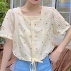 Short-sleeve Floral Embroidered Drawstring Top