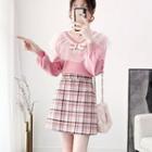 Mesh Panel Sweater / Plaid Mini Skirt