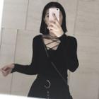 Plain Lace-up V-neck Long-sleeve Slim-fit Top