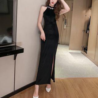Side Slit Halter Sheath Evening Gown