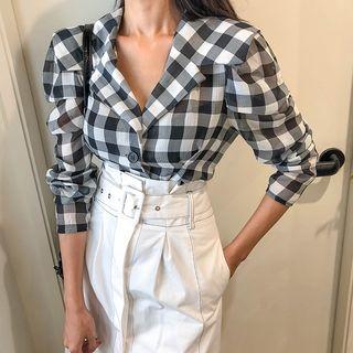 Sailor-collar Checked Sheer Blouse