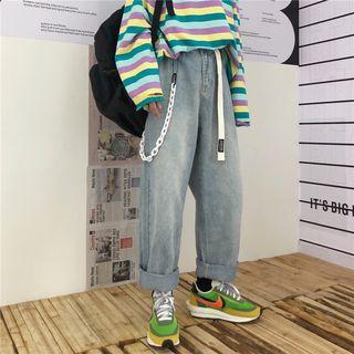Buckled Washed Wide-leg Jeans