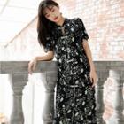 Short-sleeve Floral Frog Buttoned Midi Dress